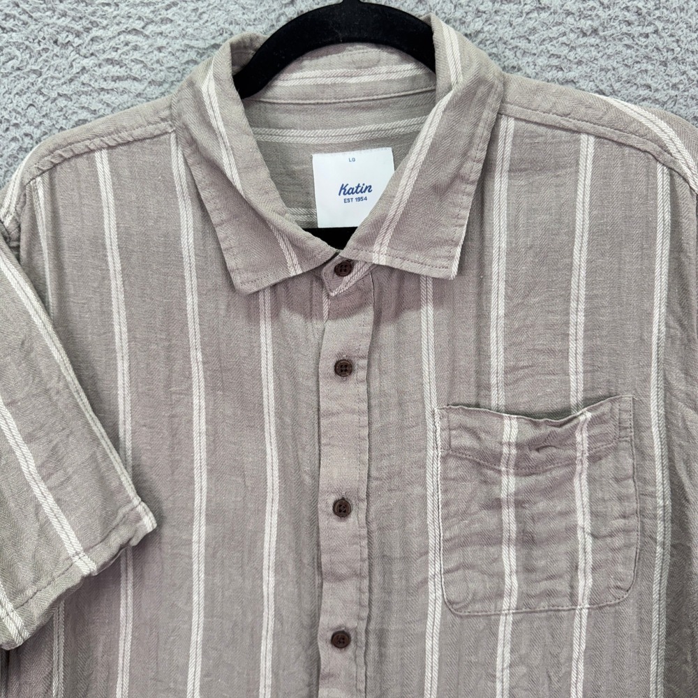 Katin Shirt Mens L Brown Striped Short Sleeve Button‎ Down Cotton Linen Preppy